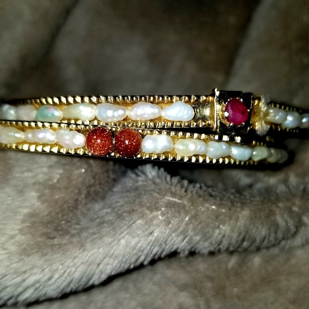 Gold Bangle Antique 19th Century Gold, Ruby & Freshwater Pearls Bracelet